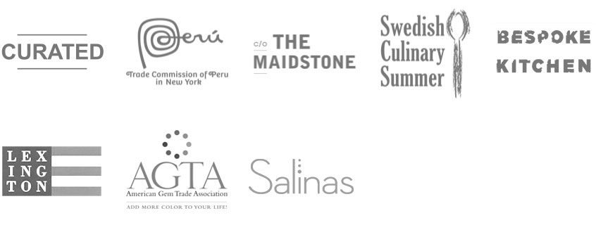 PR clients including Curated, Peru Trade Commission, The Maidstone, Swedish Culinary Summer, Bespoke Kitchen, Lexington, AGTA, and Salinas